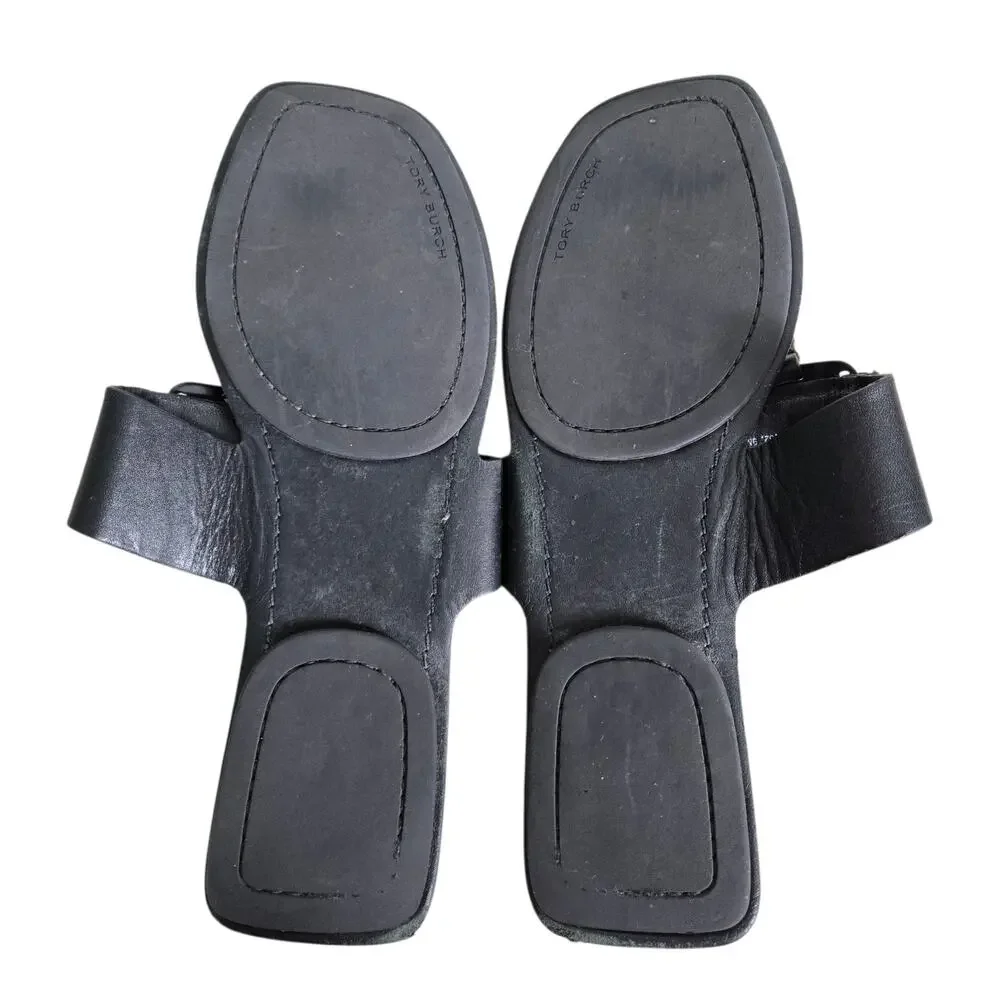 Tory Burch Georgia Sandal Black Thong Square Toe Flats Double T Logo Medallion 9